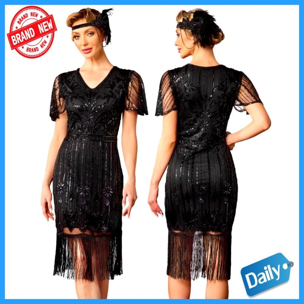 1920s Sequin Flapper Dress with Fringe, Great Gatsby Cocktail Attire